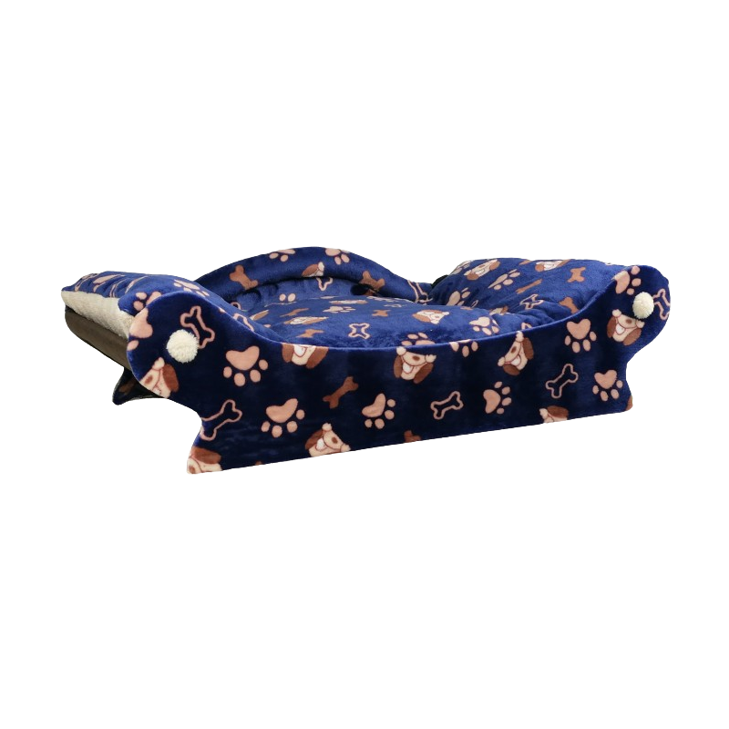 canapé pour chien et chat dans le style d'un panier de couleur bleu avec des impressions marron de pattes et d'os