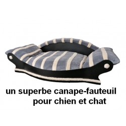 très joli fauteuil arrondi pour chien couchage gris avec des rayures écrus