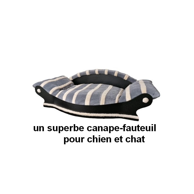 très joli fauteuil arrondi pour chien couchage gris avec des rayures écrus